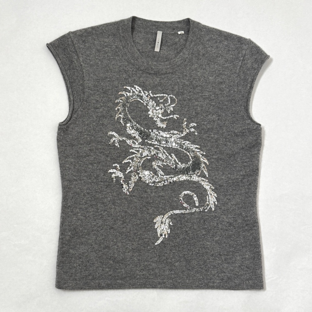 Iisli Cashmere Gray Sweater Sequin Silver Dragon Cap Sleeve Knit Top SZ Medium
